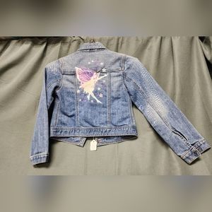 Custom made fairy Jean jacket, Size Large, pink and purple fairy design